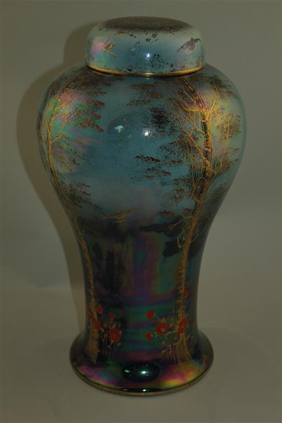 A large Crown Devon Fieldings Lustrine birch pattern meiping vase and cover, 1930s, 37cm